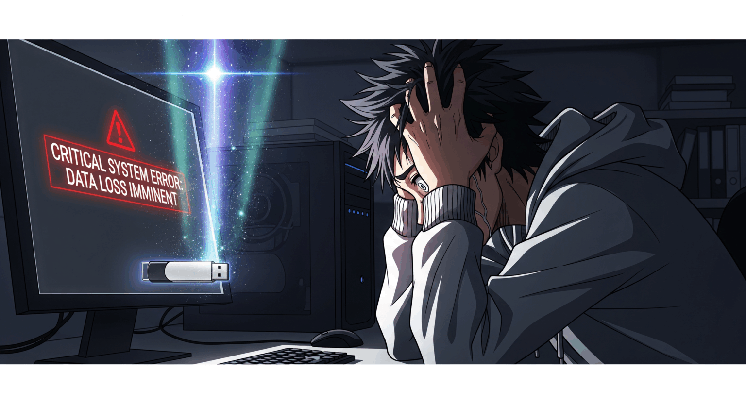 パソコンの前で頭を抱えて絶望する男性のアニメ調イラスト。モニターには「データ消失」のエラーメッセージが表示されているが、差し込まれたUSBメモリからは希望の光が放たれており、データ復旧を象徴している。