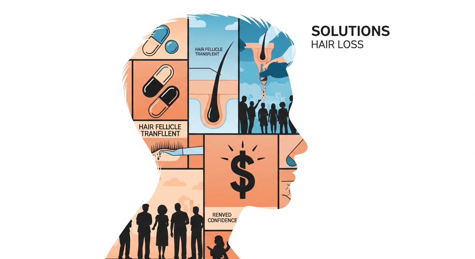 薄毛の悩みを解決するための多様な選択肢を示すイラスト。人の横顔のシルエットの中に、薬のカプセル、毛包移植の図、専門家と相談する人々のシルエット、自信に満ちた笑顔のアイコン、頭皮ケアのイメージなどがコラージュ風に配置されている。背景は白で、右上に「SOLUTIONS HAIR LOSS（薄毛の解決策）」の文字がある。