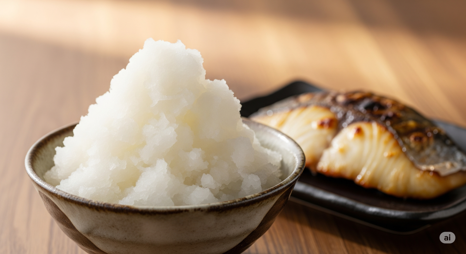 和食器の小鉢に盛られた、ふわふわで真っ白な大根おろし。隣にはこんがりと焼かれた焼き魚が添えられ、木目のテーブルの上に置かれている。辛くなく、美味しい大根おろしを表すアイキャッチ画像。