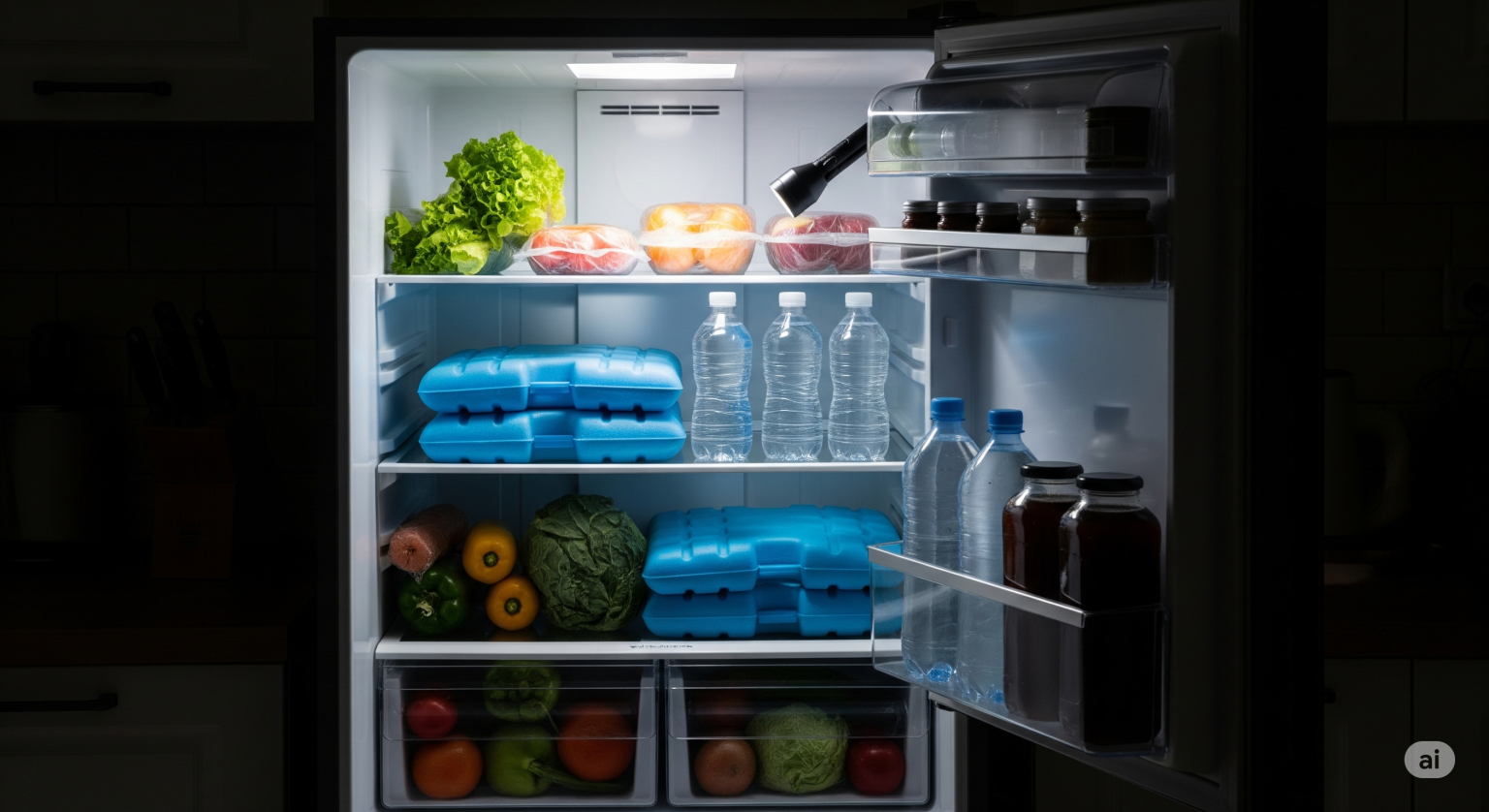 懐中電灯で照らされた冷蔵庫の内部。棚には日々の食材とともに、停電に備えて凍らせたペットボトルや大きな保冷剤が配置されており、防災対策がされている様子がわかる。
