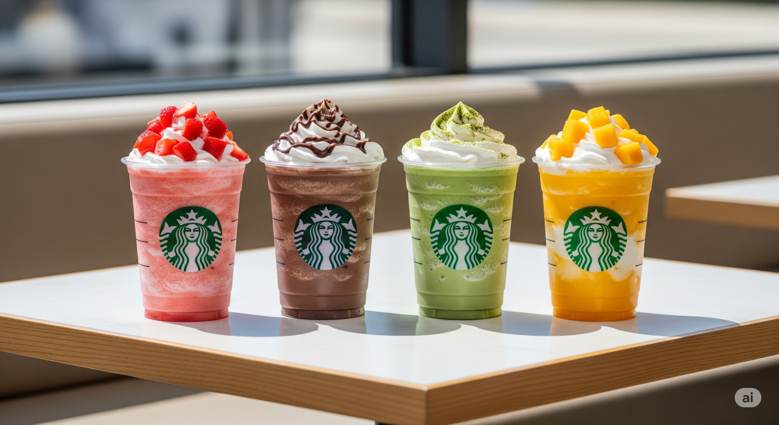 いちご、チョコレート、抹茶、マンゴーといったカラフルなフラペチーノが、カフェのテーブルに横一列で並んでいる様子。スタバの裏メニューを特集した記事のアイキャッチ画像。