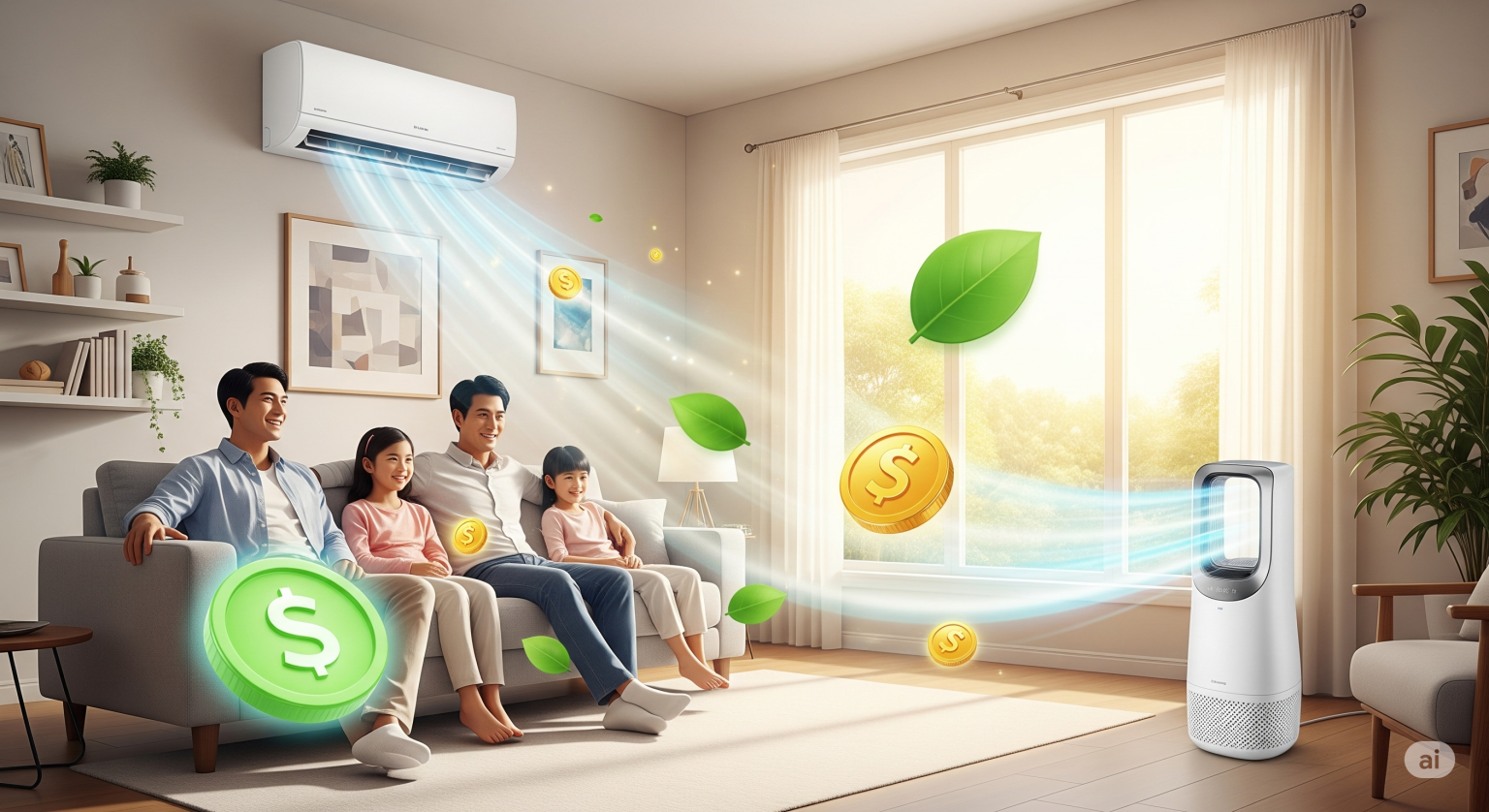 エアコンの節電によって快適になったリビングで、家族が笑顔でくつろいでいるイラスト。サーキュレーターが効率よく空気を循環させ、節約を象徴するコインやエコを意味する緑の葉のアイコンが周りに描かれている。