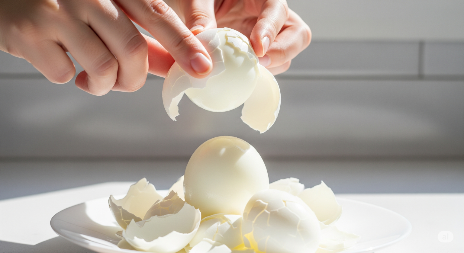 明るいキッチンで、茹で卵の殻が大きな塊で綺麗に剥がれている様子。傷ひとつないツルツルとした白身が見えている。