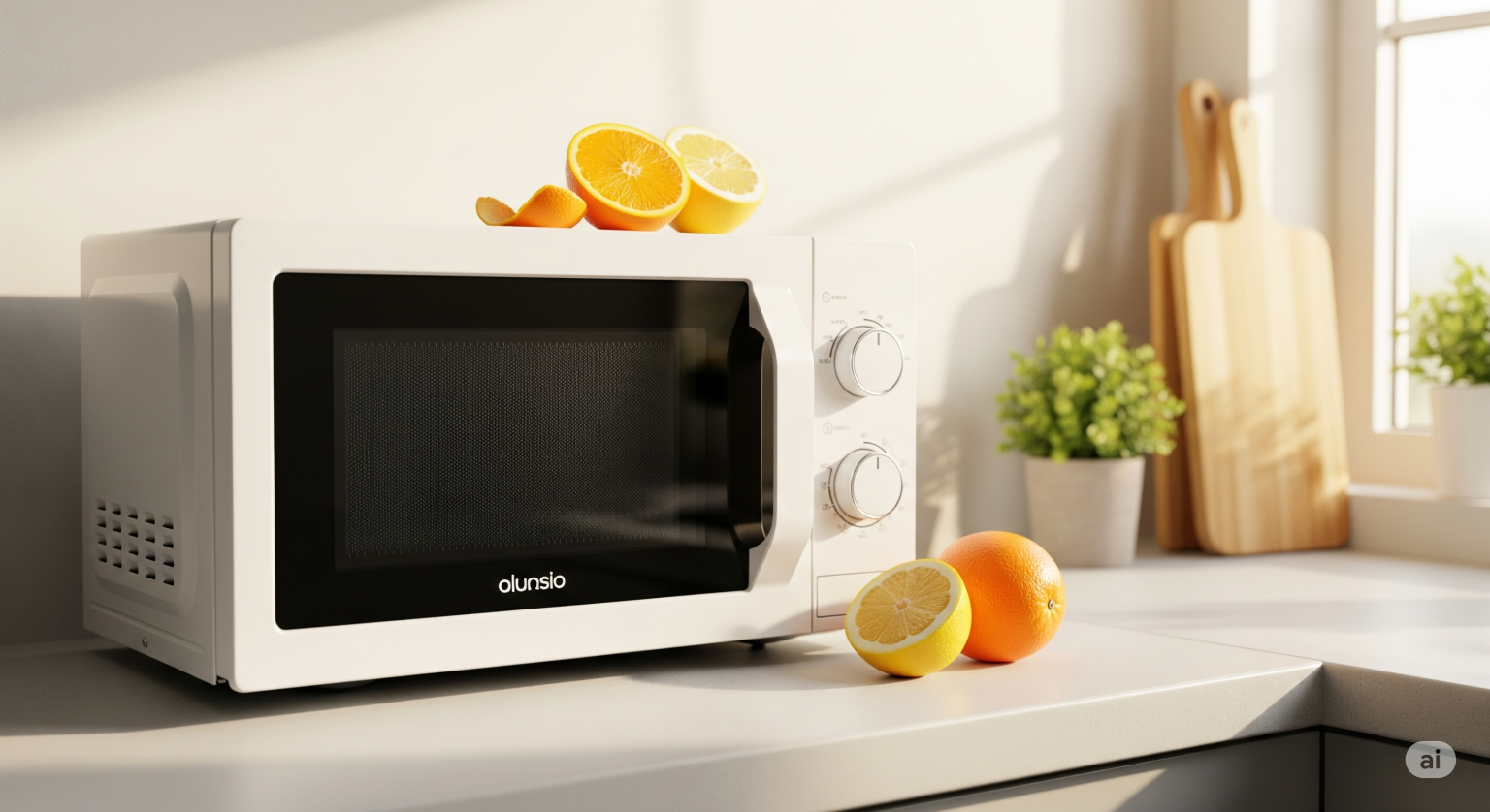 柑橘類の皮で掃除され、ピカピカになった電子レンジ。横に置かれたオレンジとレモンの皮が、ナチュラルで簡単な掃除方法をイメージさせます。