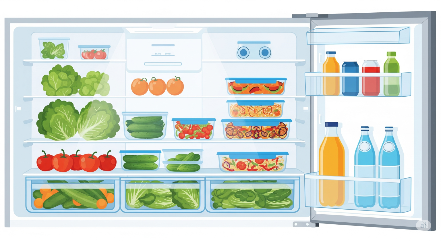 7割収納を実践し、電気代の節約につながっている、きれいに整理整頓された冷蔵庫の中を描いたイラスト。野菜や飲み物、保存容器が効率的に配置されている。
