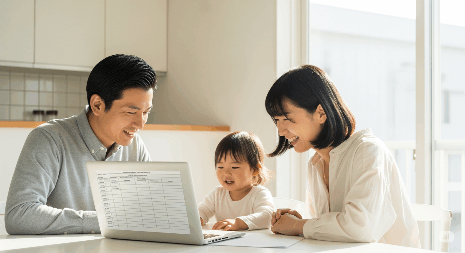 30代の子育て夫婦が、家計見直しシートが映ったノートパソコンを前に笑顔で話し合っている様子。子どもの未来のために、協力して貯蓄計画を立てるポジティブな家族。
