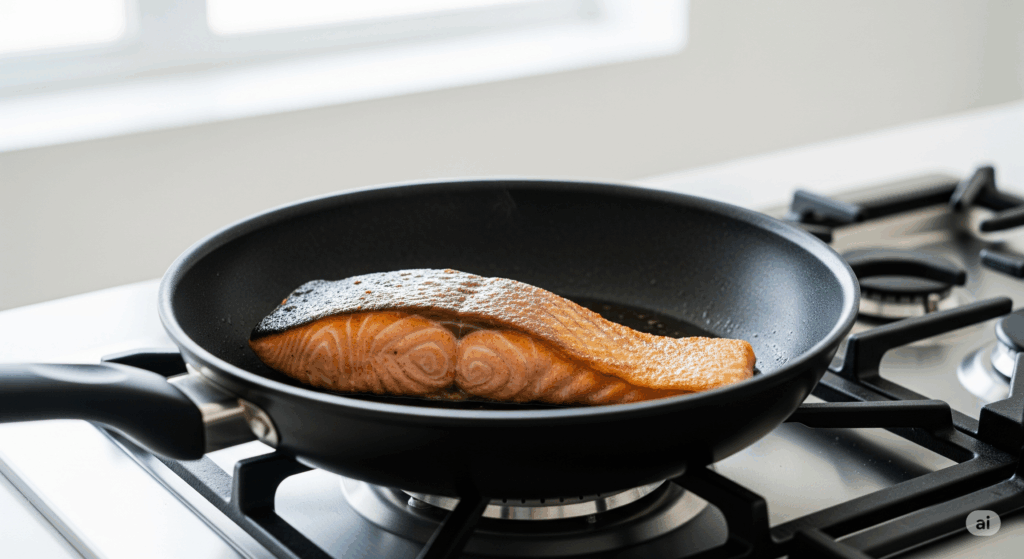 明るく清潔なキッチンで、黒いフライパンに乗せられたサーモンの切り身。皮目はこんがりとしたきつね色に焼けており、料理の成功を物語っている。