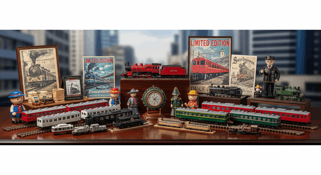 限定鉄道グッズのコレクションを写した横長の画像。精巧なミニチュア模型、ビンテージのポスター、手作りのフィギュアなどが並べられ、背景にはぼかした都会の風景が広がっています。