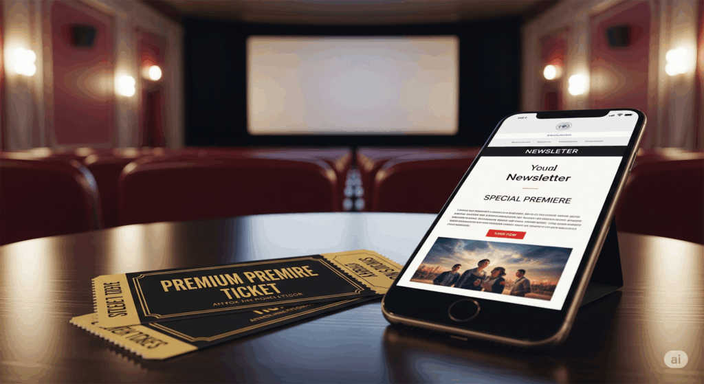 映画館を背景に、スマートフォンのメルマガ画面と並べられた映画試写会のペアチケット。無料で非売品チケットを当てるイメージ。