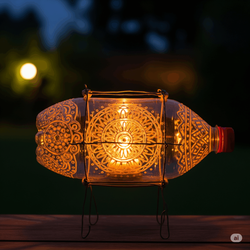 ペットボトルとスマートフォンライトで作られた手作りの即席ランタンが、夜の庭で温かい光を放っている横長の画像。リサイクル素材で作られたランタンは、防災と持続可能性を象徴している。