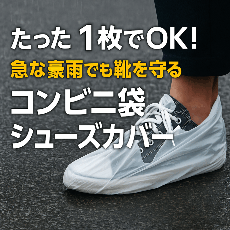 コンビニ袋でスニーカーを覆い、雨から靴を守る応急シューズカバー術を示す。『たった1枚でOK！急な豪雨でも靴を守る コンビニ袋シューズカバー』の文字入り。