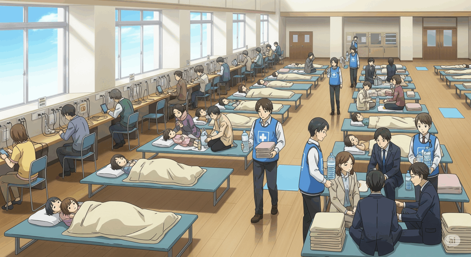災害時に開設された一時滞在施設の内部。アニメ調のイラスト。広いホールに簡易ベッドが整然と並べられ、会社員や家族連れなど多くの人々が休息している。青いベストを着たボランティアが毛布や水を配っており、壁際には携帯電話を充電するための電源コーナーも設置されている。全体的に落ち着いており、安全で支援が行き届いている様子が描かれている。