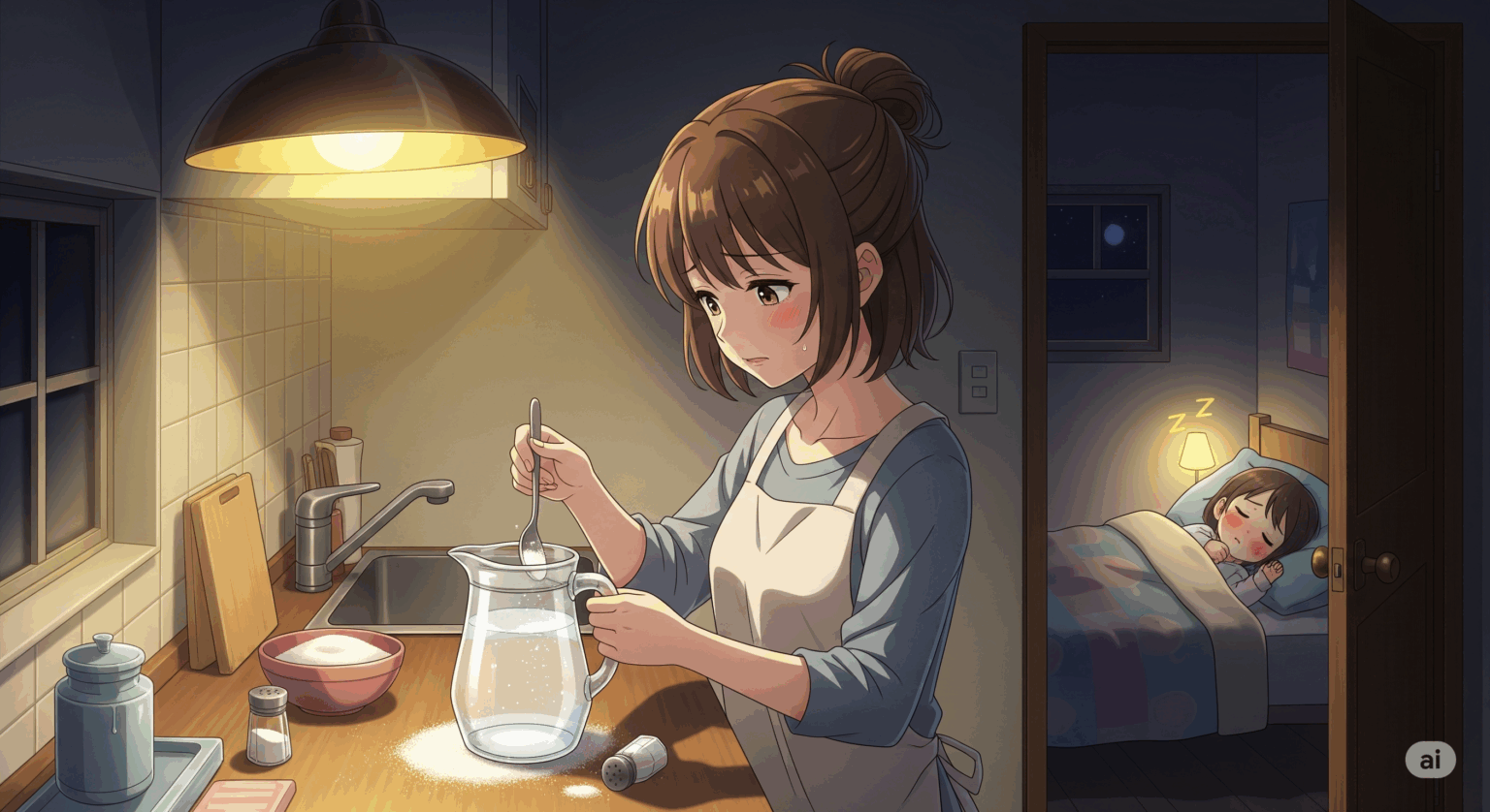 夜のキッチンで、心配そうな顔をしながらも優しく経口補水液を作っている母親のイラスト。奥の部屋では、熱を出した子供がベッドで眠っている。