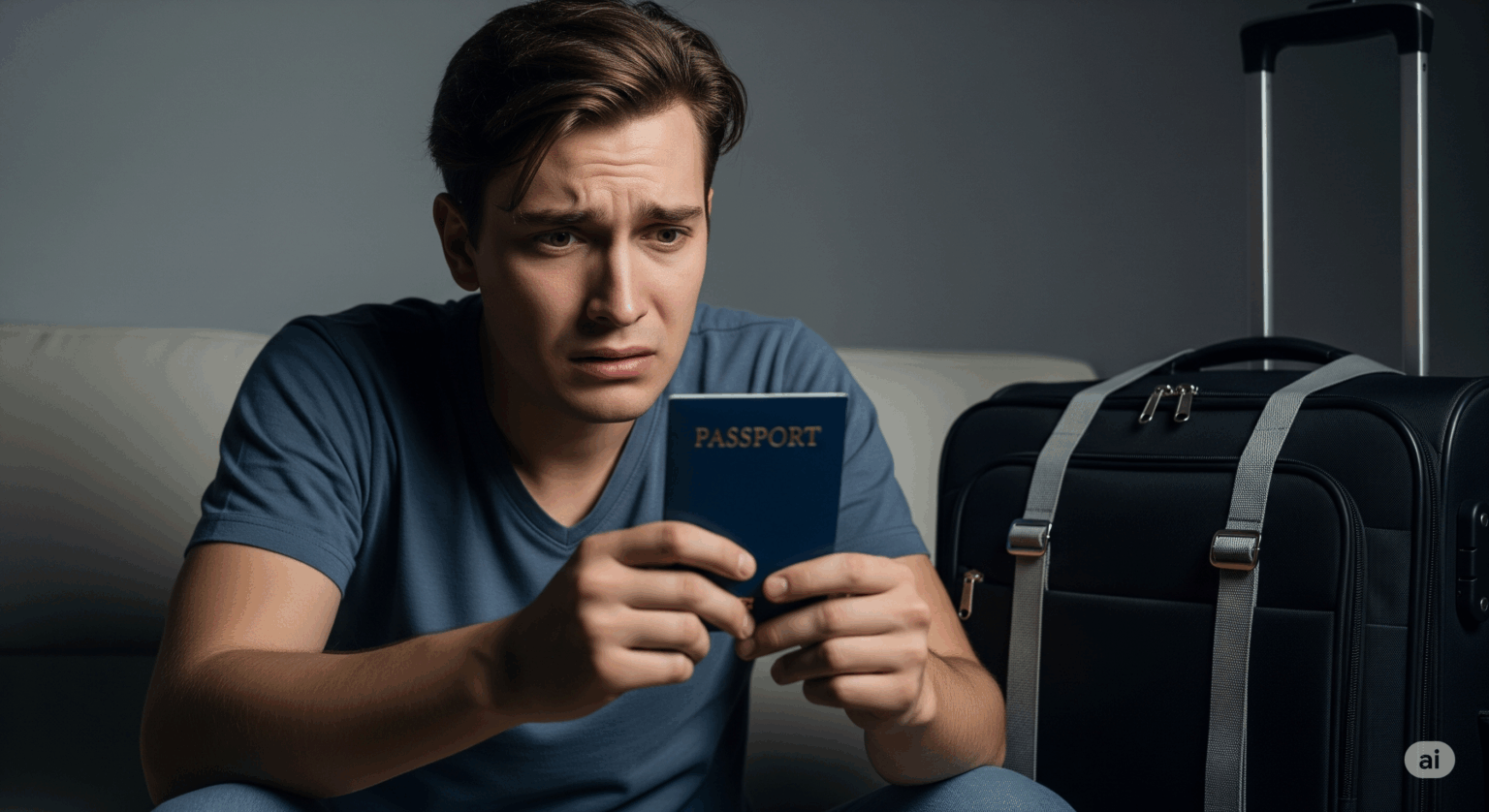 旅行に出発する前夜、スーツケースの横でパスポートを手に持ち、残存期間が足りないことに気づいて絶望している男性。