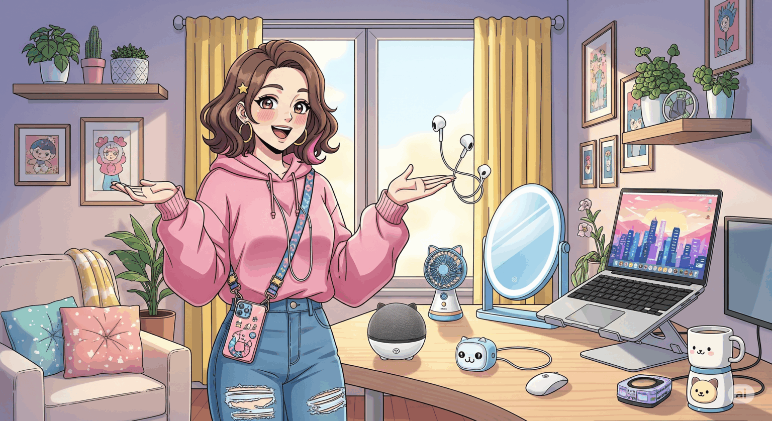 ピンクのパーカーを着たアニメ調の女性が、自分の部屋でガジェットを紹介している。デスクの上にはLEDミラー、ノートPCスタンド、スピーカー、ワイヤレスイヤホンなどが置かれ、女性はスマホショルダーを身につけている。
