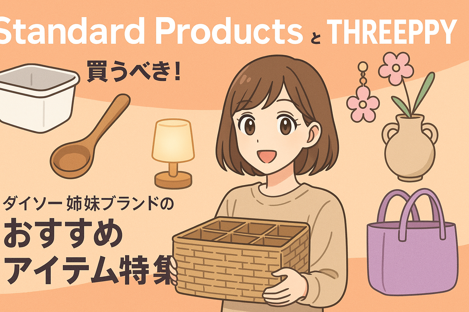 Standard ProductsとTHREEPPYのおすすめアイテム特集を紹介するアニメ調の横長イラスト。笑顔の女性が籐の収納ボックスを手に持ち、周囲には木製スプーン、保存容器、テーブルランプ、花瓶、ピンクの花型イヤリング、紫色のバッグなどの商品イメージが配置されている。背景は明るいベージュとオレンジ系の配色で、ポップでおしゃれな雰囲気。
