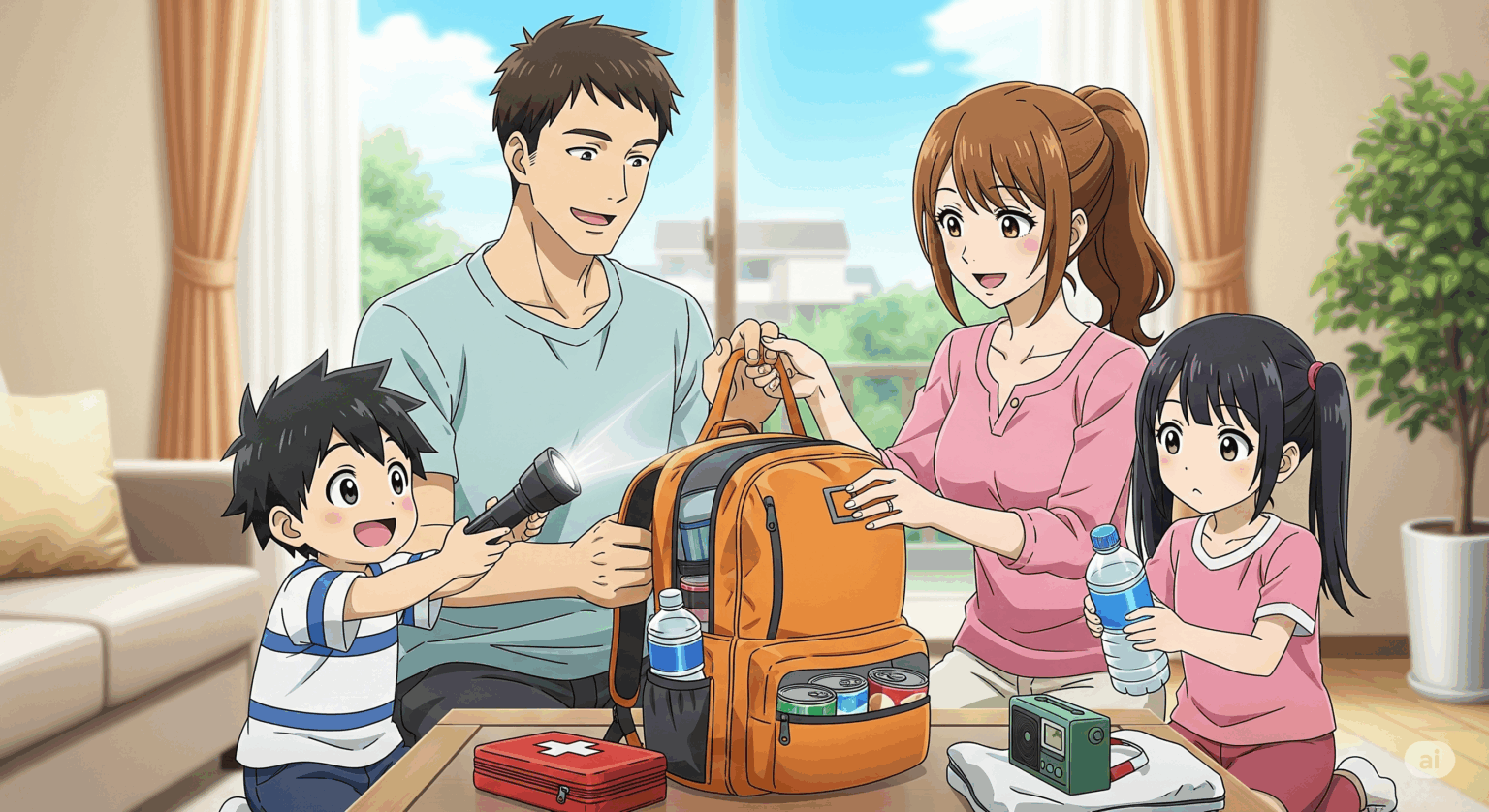 家族4人（父・母・男の子・女の子）がリビングで防災グッズを準備しているアニメ風のイラスト。協力して防災リュックに懐中電灯や食料、水を詰めている。